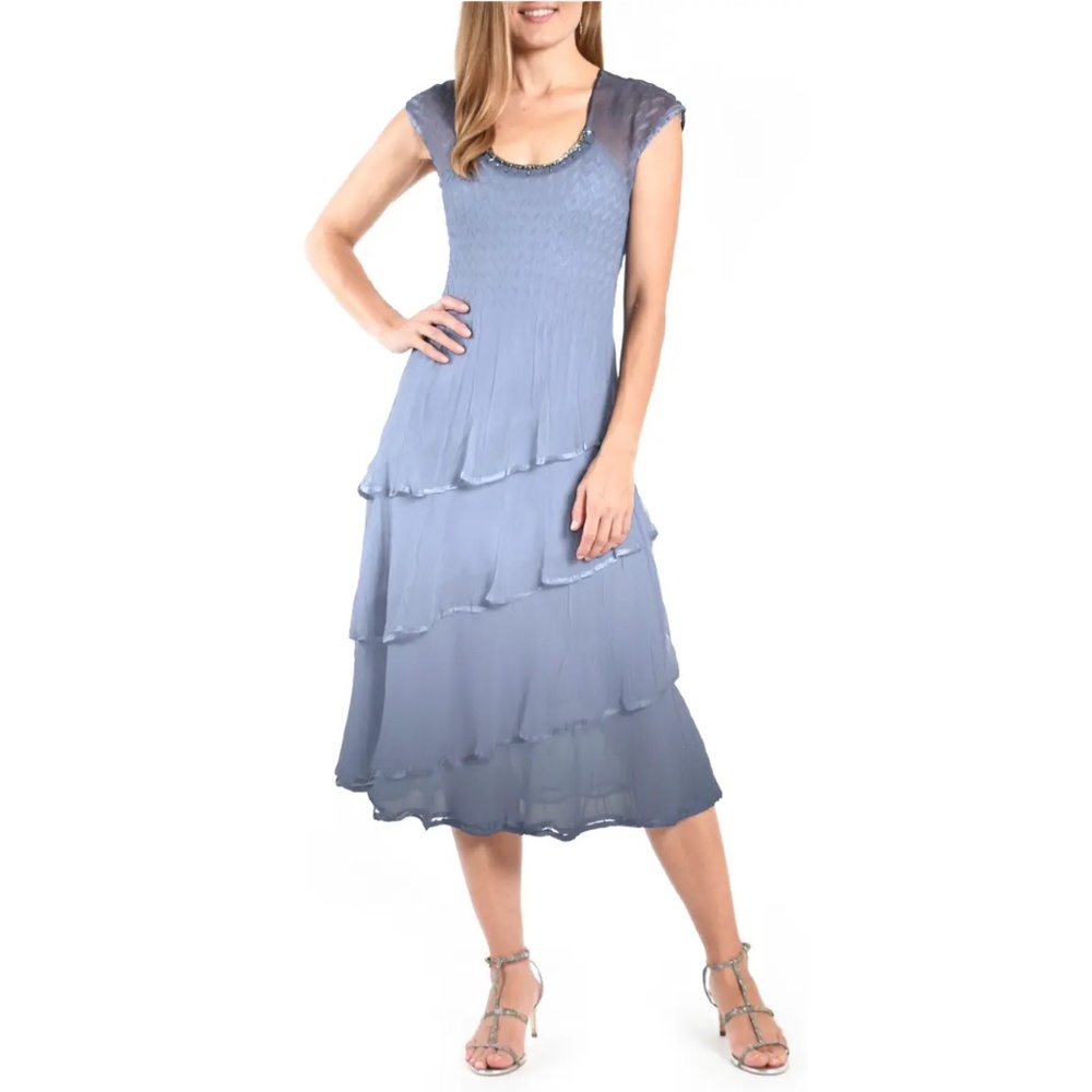 NEW Komarov Beaded Scooped Neck Sleeveless Tiered Chiffon Dress XL